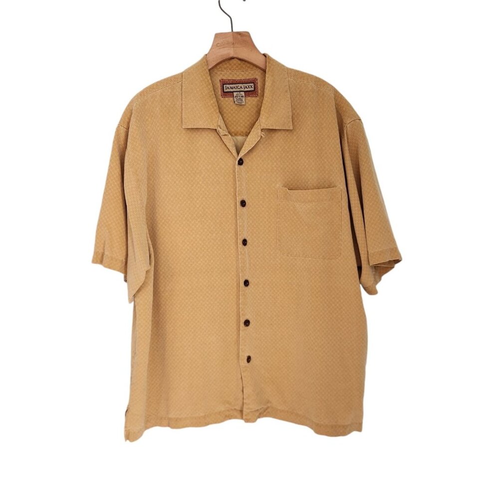 Jamaica Jaxx Shirt 100% Silk‎ Button Up Yellow Embroidered Design Large EUC